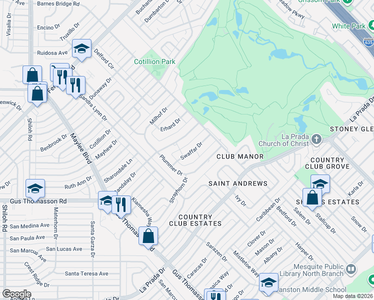map of restaurants, bars, coffee shops, grocery stores, and more near 11012 Swaffar Drive in Dallas