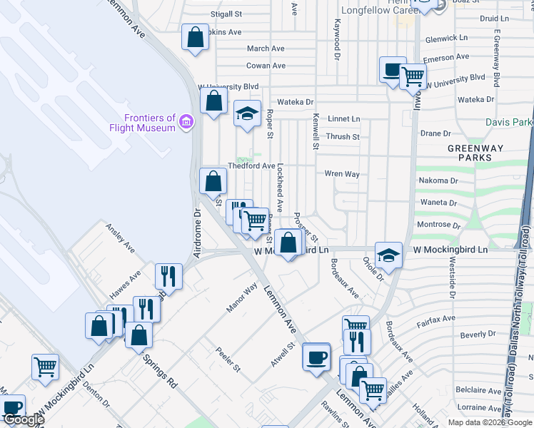 map of restaurants, bars, coffee shops, grocery stores, and more near 6540 Victoria Avenue in Dallas