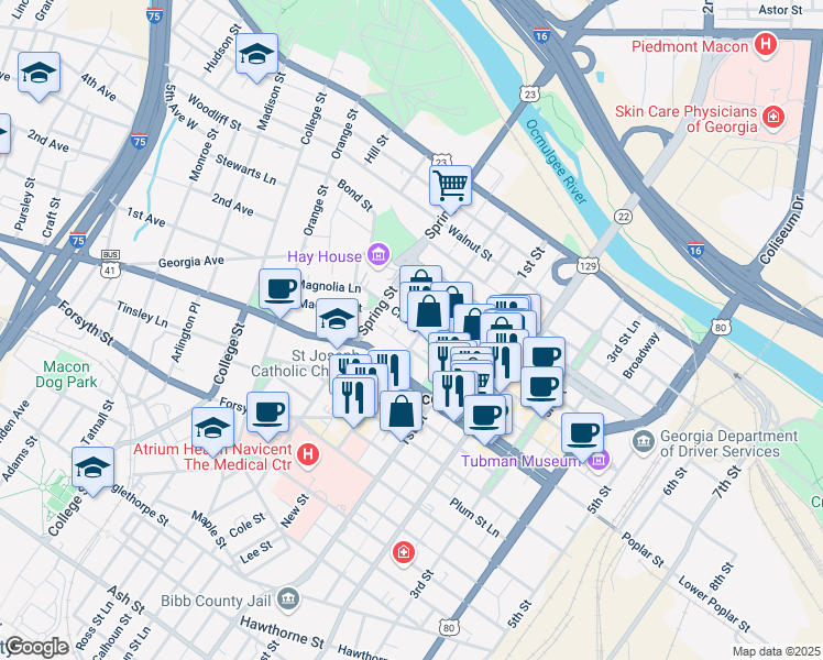 map of restaurants, bars, coffee shops, grocery stores, and more near in Macon