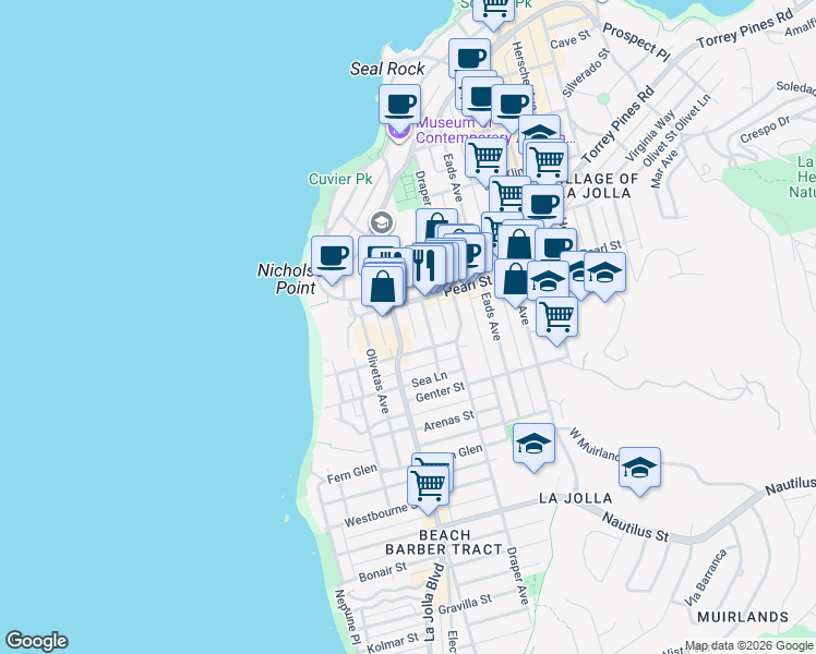 map of restaurants, bars, coffee shops, grocery stores, and more near 534 Marine Street in San Diego