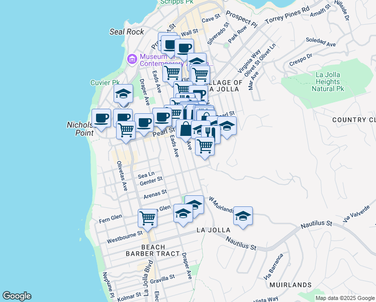 map of restaurants, bars, coffee shops, grocery stores, and more near 7347 Fay Avenue in San Diego
