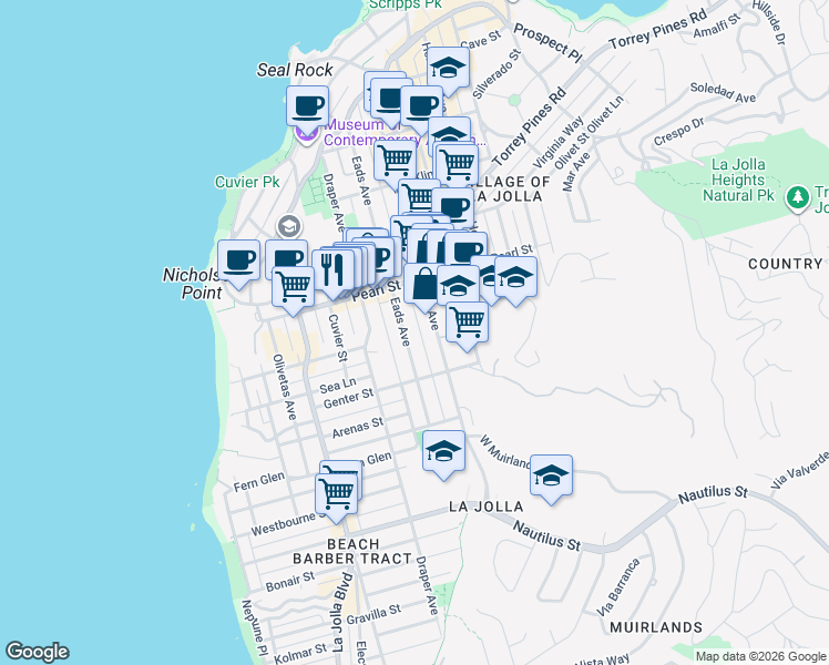 map of restaurants, bars, coffee shops, grocery stores, and more near 7385 Eads Avenue in San Diego