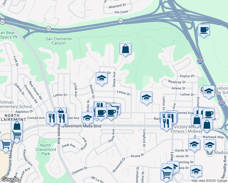 map of restaurants, bars, coffee shops, grocery stores, and more near Diane Ave & Lehrer Dr in San Diego