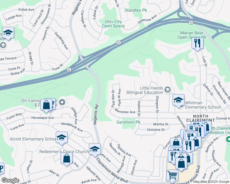 map of restaurants, bars, coffee shops, grocery stores, and more near 5091 Park Rim Drive in San Diego