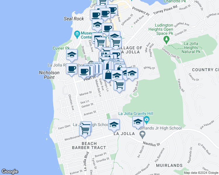 map of restaurants, bars, coffee shops, grocery stores, and more near 7376 Fay Avenue in San Diego