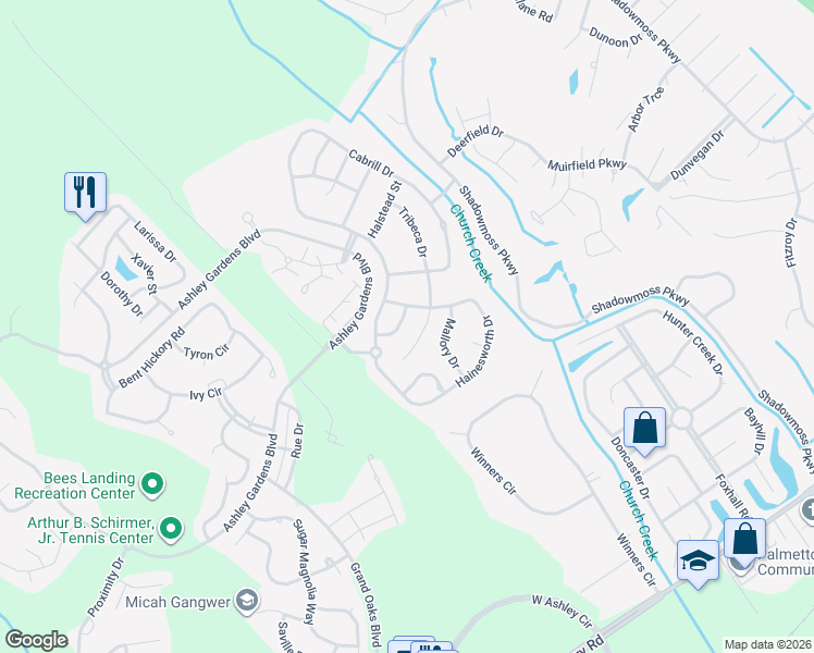 map of restaurants, bars, coffee shops, grocery stores, and more near 599 Tribeca Court in Charleston