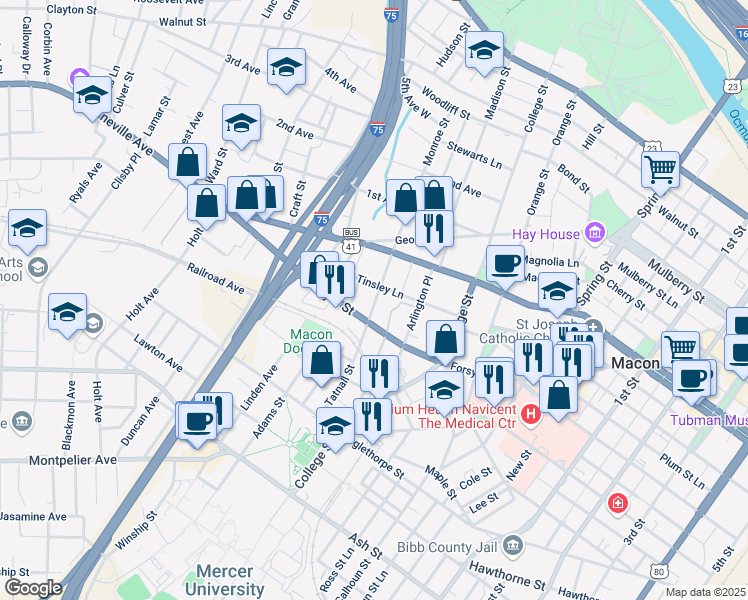 map of restaurants, bars, coffee shops, grocery stores, and more near 641 Monroe Street in Macon