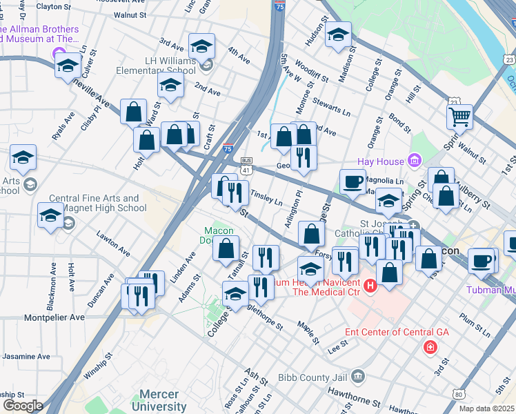 map of restaurants, bars, coffee shops, grocery stores, and more near 641 Monroe Street in Macon