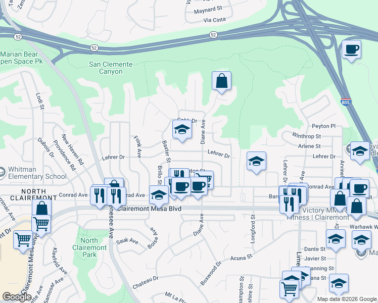 map of restaurants, bars, coffee shops, grocery stores, and more near 4788 Aberdeen Street in San Diego