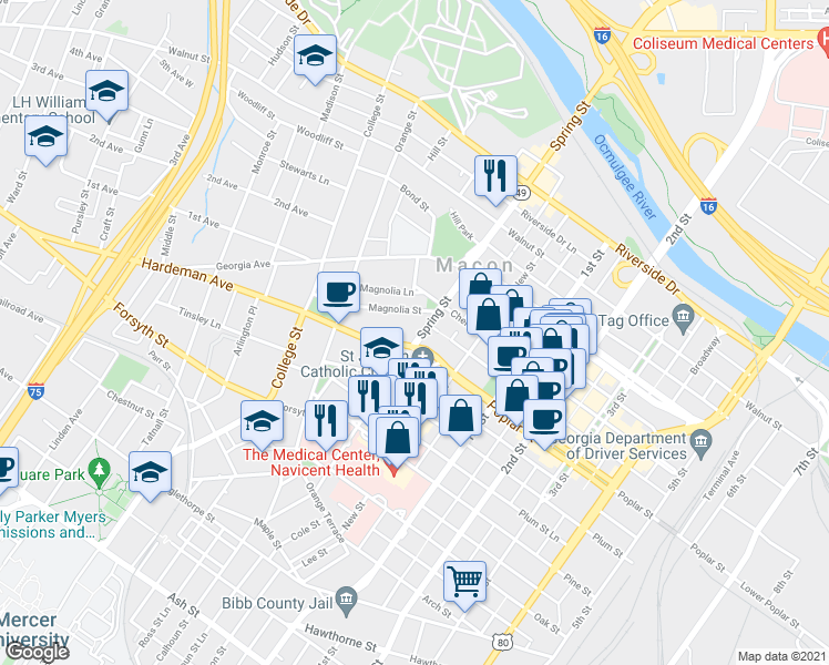 map of restaurants, bars, coffee shops, grocery stores, and more near 859 Washington Avenue in Macon