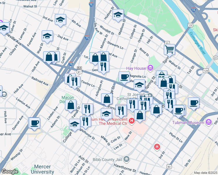 map of restaurants, bars, coffee shops, grocery stores, and more near 607 College Street in Macon
