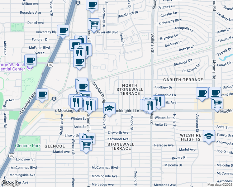 map of restaurants, bars, coffee shops, grocery stores, and more near 5828 Ravendale Lane in Dallas