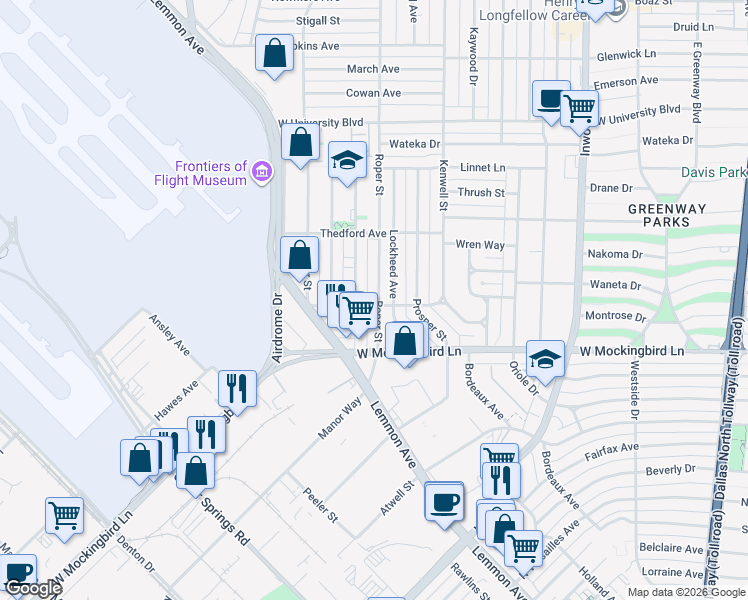 map of restaurants, bars, coffee shops, grocery stores, and more near 6540 Victoria Avenue in Dallas