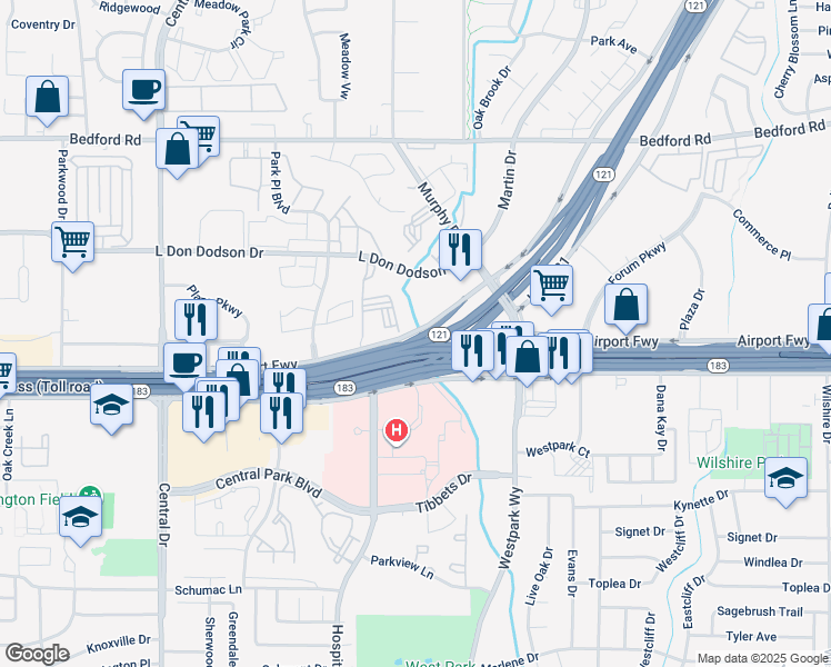 map of restaurants, bars, coffee shops, grocery stores, and more near in Bedford