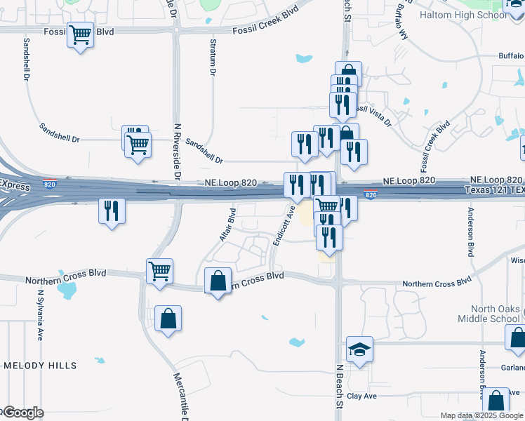 map of restaurants, bars, coffee shops, grocery stores, and more near 5201 Endicott Avenue in Fort Worth