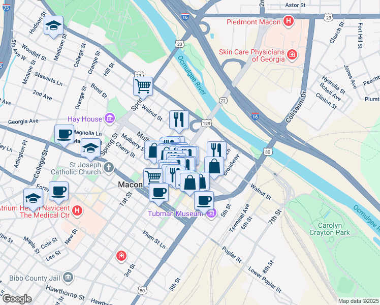 map of restaurants, bars, coffee shops, grocery stores, and more near 563 Mulberry Street in Macon