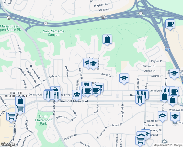 map of restaurants, bars, coffee shops, grocery stores, and more near 4760 Lehrer Drive in San Diego