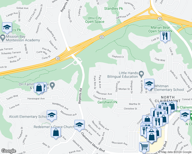 map of restaurants, bars, coffee shops, grocery stores, and more near 5091 Park Rim Drive in San Diego