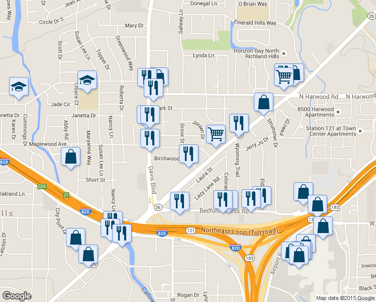 map of restaurants, bars, coffee shops, grocery stores, and more near 7909 Birchwood Drive in North Richland Hills
