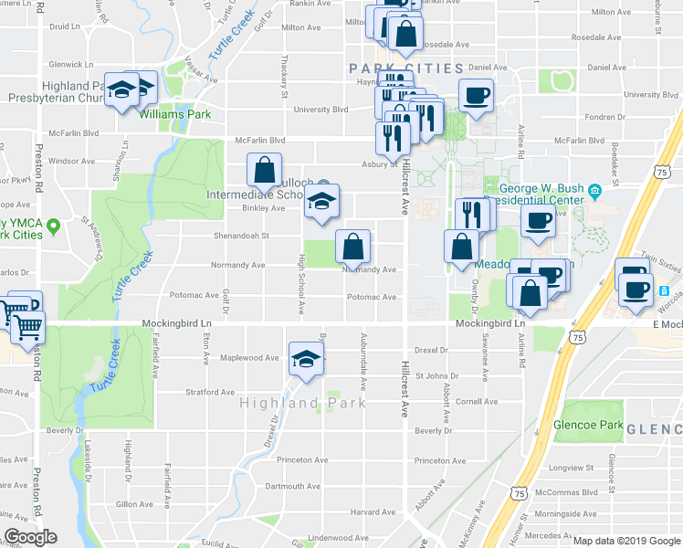 map of restaurants, bars, coffee shops, grocery stores, and more near 3501 Normandy Avenue in Dallas