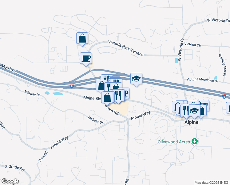map of restaurants, bars, coffee shops, grocery stores, and more near 1730 Alpine Boulevard in Alpine