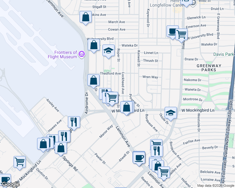 map of restaurants, bars, coffee shops, grocery stores, and more near 6540 Victoria Avenue in Dallas