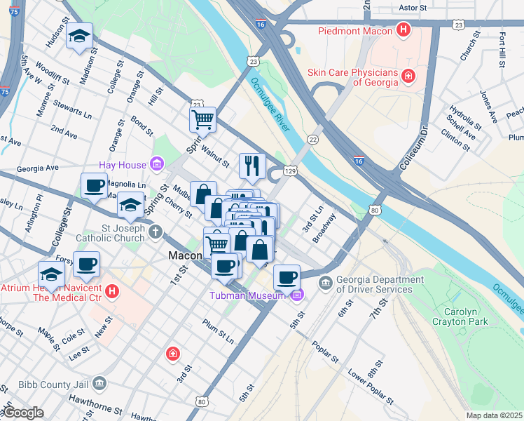 map of restaurants, bars, coffee shops, grocery stores, and more near Walnut Street Lane in Macon