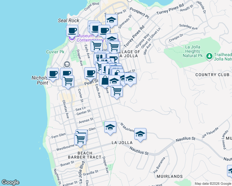 map of restaurants, bars, coffee shops, grocery stores, and more near 7380 Girard Avenue in San Diego