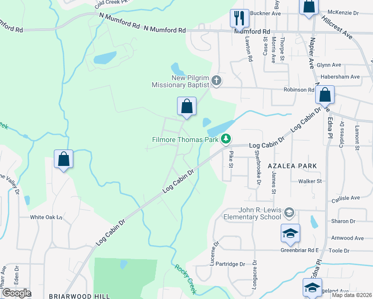 map of restaurants, bars, coffee shops, grocery stores, and more near 3867 Log Cabin Drive in Macon