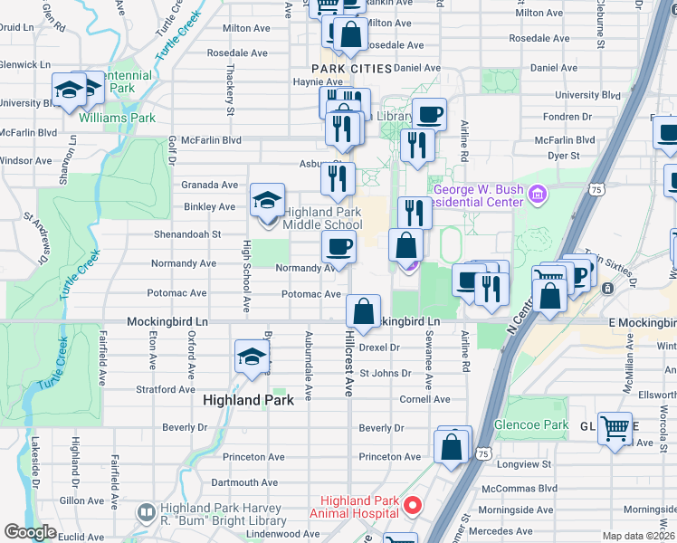 map of restaurants, bars, coffee shops, grocery stores, and more near 3421 Normandy Avenue in Dallas