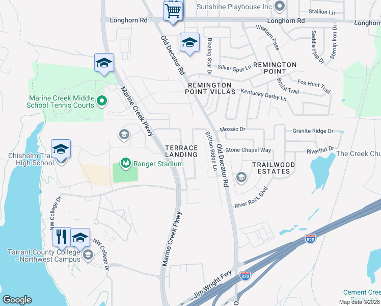 map of restaurants, bars, coffee shops, grocery stores, and more near 5245 Austin Ridge Drive in Fort Worth
