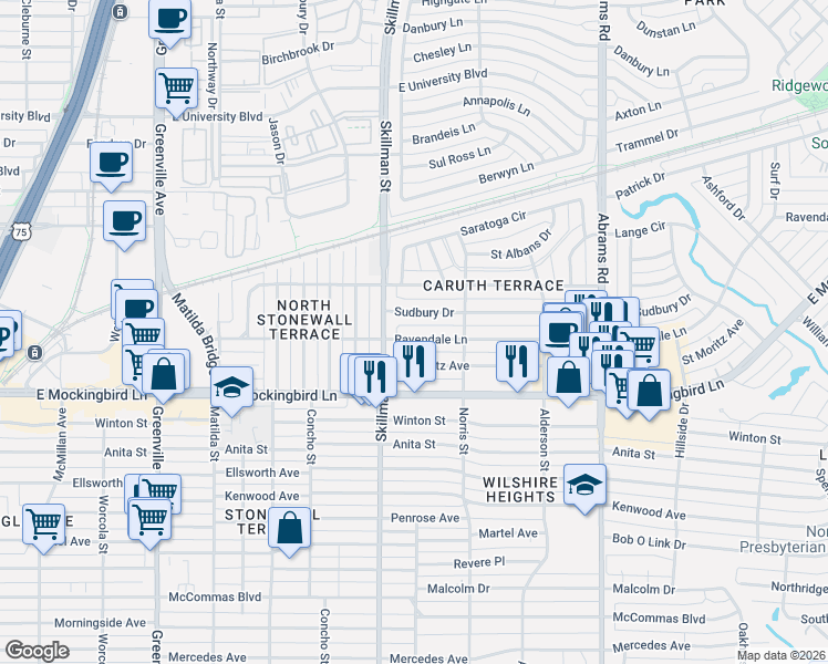map of restaurants, bars, coffee shops, grocery stores, and more near 6116 Ravendale Lane in Dallas
