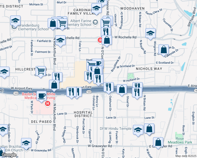 map of restaurants, bars, coffee shops, grocery stores, and more near 2215 North O'Connor Road in Irving