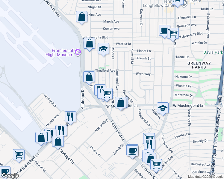 map of restaurants, bars, coffee shops, grocery stores, and more near 6540 Victoria Avenue in Dallas