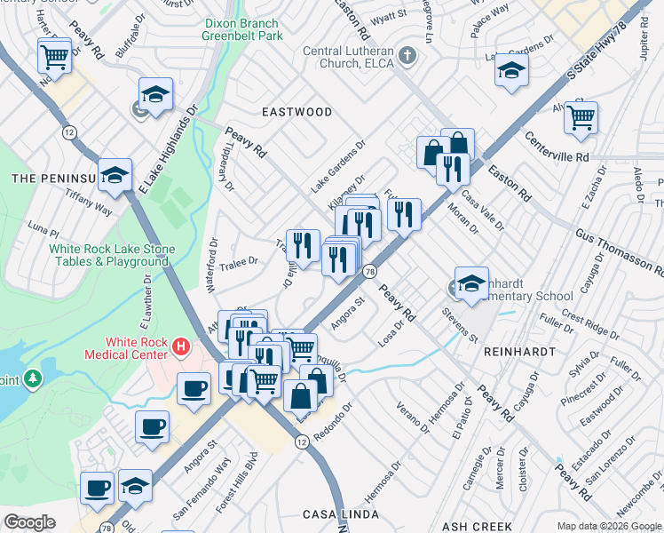 map of restaurants, bars, coffee shops, grocery stores, and more near 9925 Garland Road in Dallas