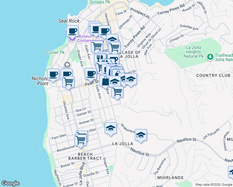 map of restaurants, bars, coffee shops, grocery stores, and more near 7200 Girard Avenue in San Diego