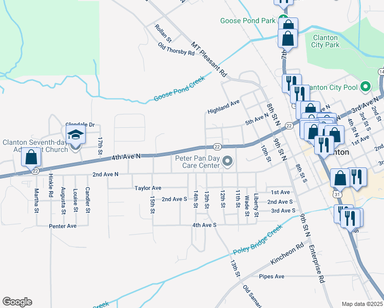 map of restaurants, bars, coffee shops, grocery stores, and more near 1315 4th Avenue North in Clanton