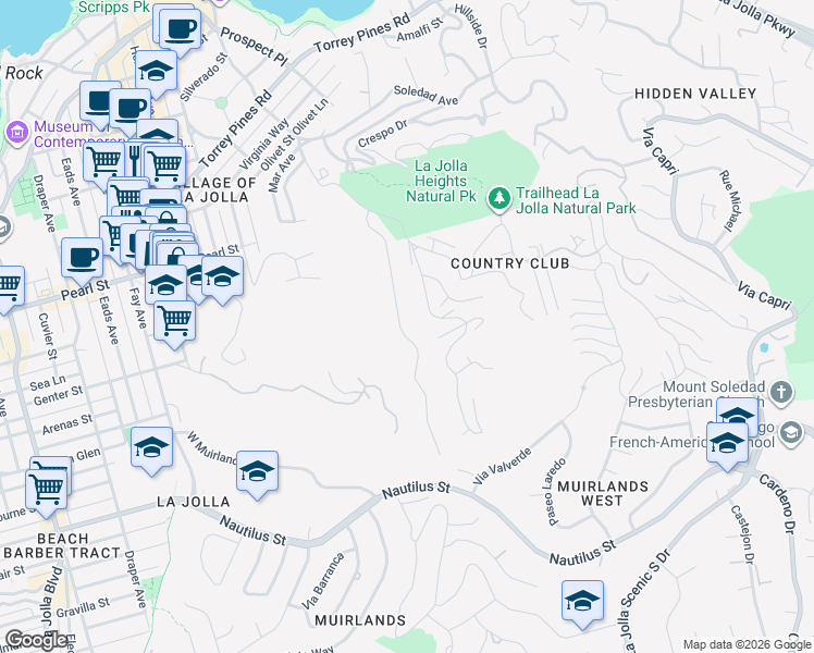 map of restaurants, bars, coffee shops, grocery stores, and more near 7207 Fairway Road in San Diego