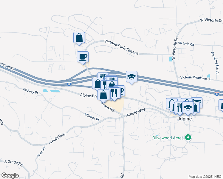 map of restaurants, bars, coffee shops, grocery stores, and more near 1730 Alpine Boulevard in Alpine
