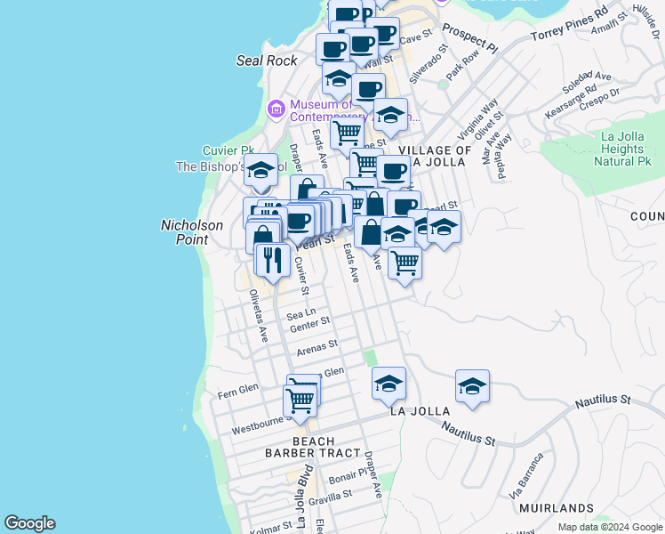 map of restaurants, bars, coffee shops, grocery stores, and more near 7419 Draper Avenue in San Diego