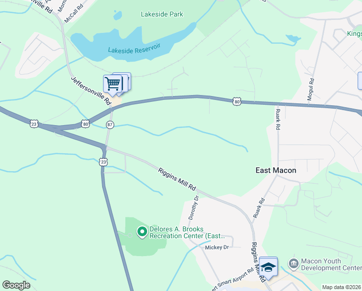 map of restaurants, bars, coffee shops, grocery stores, and more near 3340 Riggins Mill Road in Macon