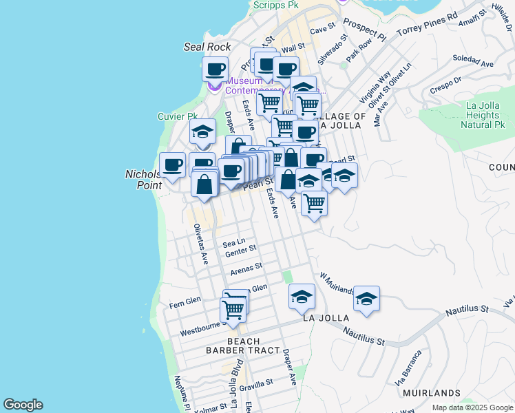 map of restaurants, bars, coffee shops, grocery stores, and more near 650 1/2 Marine Street in San Diego