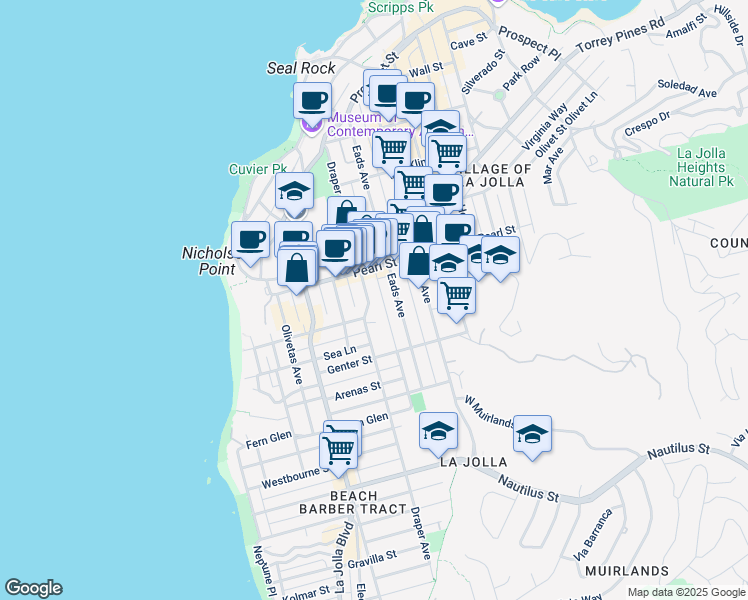 map of restaurants, bars, coffee shops, grocery stores, and more near 7419 Draper Avenue in San Diego