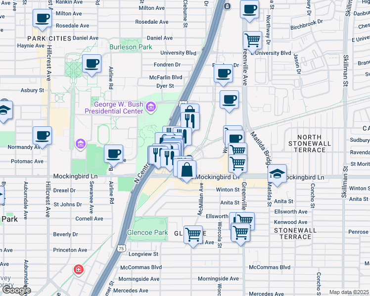 map of restaurants, bars, coffee shops, grocery stores, and more near 5910 North Central Expressway in Dallas