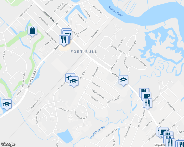 map of restaurants, bars, coffee shops, grocery stores, and more near 2217 Glendale Drive in Charleston