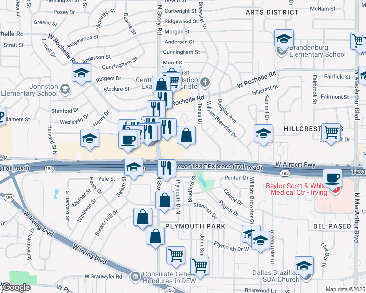 map of restaurants, bars, coffee shops, grocery stores, and more near 2305 West Airport Freeway in Irving