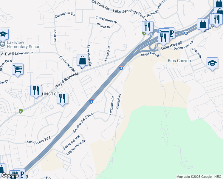 map of restaurants, bars, coffee shops, grocery stores, and more near 8725 Langholm Road in El Cajon