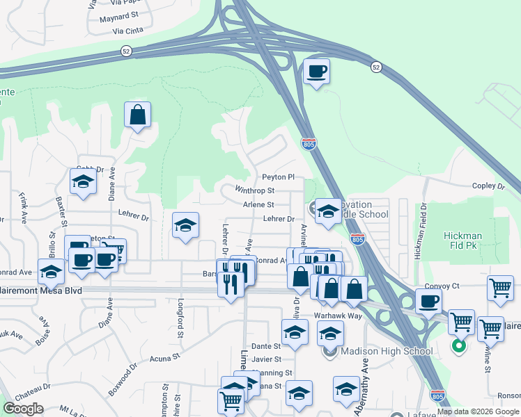 map of restaurants, bars, coffee shops, grocery stores, and more near 5217 Arlene Street in San Diego