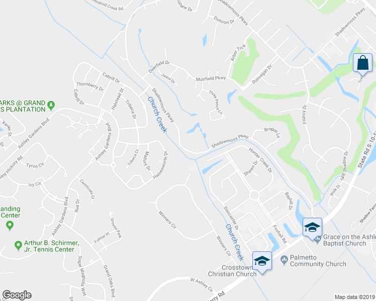 map of restaurants, bars, coffee shops, grocery stores, and more near 495 Shadowmoss Parkway in Charleston