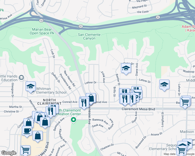 map of restaurants, bars, coffee shops, grocery stores, and more near 5094 Constitution Road in San Diego